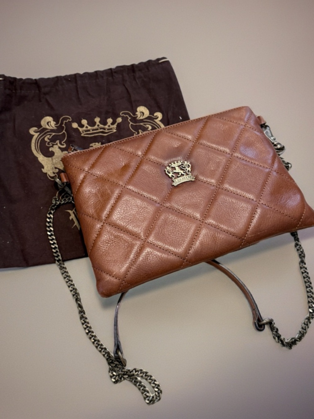 NEW Pratesi Quilted Cognac Leather clutch with crossbody chain